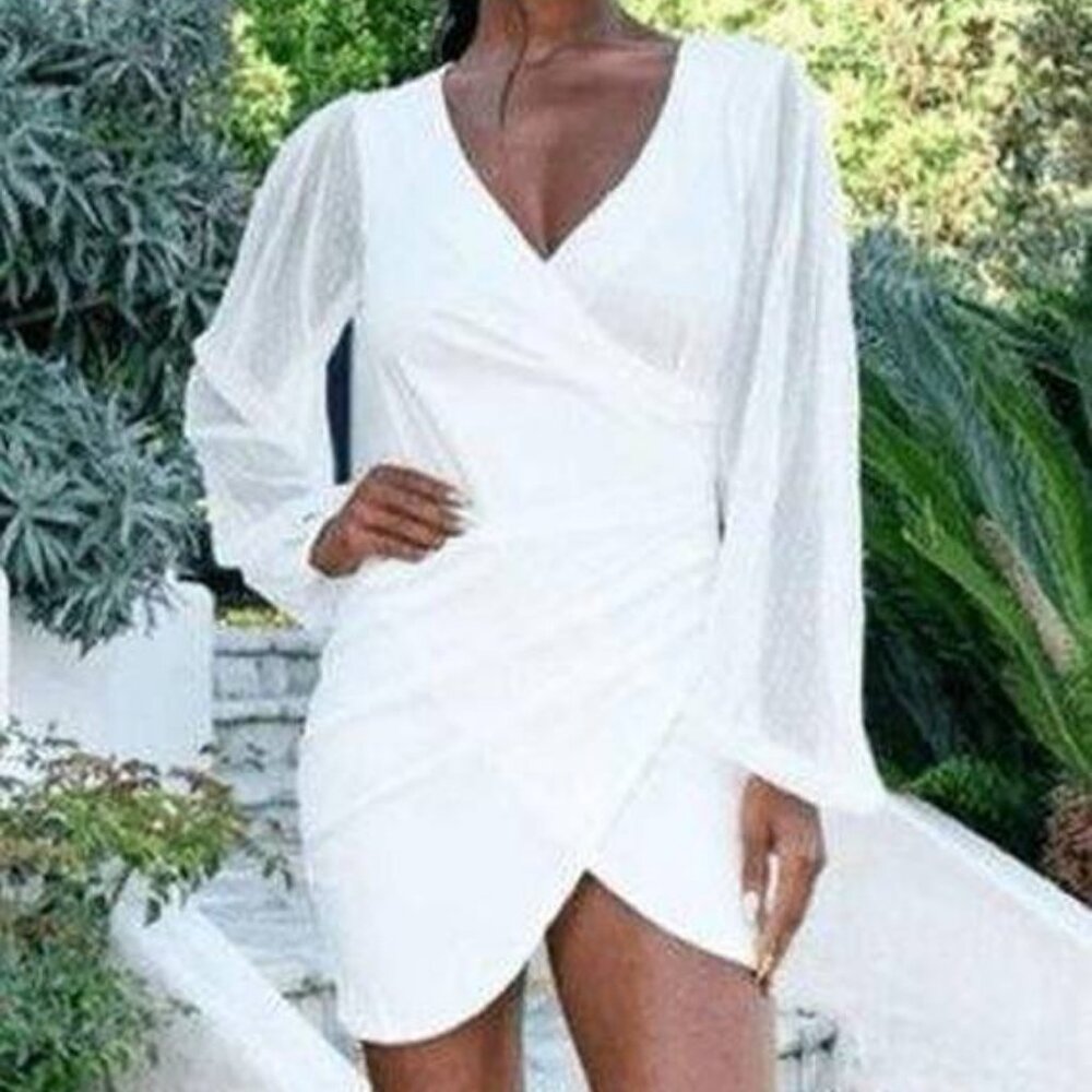 ASOS DESIGN Balloon Sleeve Dobby Mesh Wrap Plunge Mini Dress - White - US 6